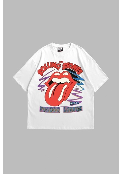 Startmore Voodoo Lounge Baskılı Oversize Unisex Beyaz Beyaz