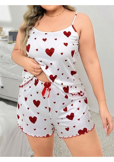 Gizers Giyim Büyük Beden Kalp Desen Pamuklu Şortlu Pijama Takımı Beyaz