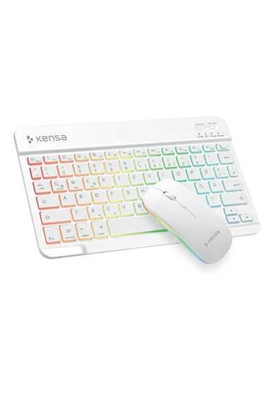 Tablet Ve Bilgisayar İçin Rgb Led Işıklı Taşınabilir Kablosuz Bluetooth Klavye Ve Dongle'lı Mouse Seti Beyaz