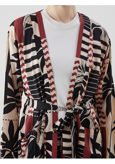 Lcw Modest Siyah Şal Yaka Desenli Oversize Kadın Kimono