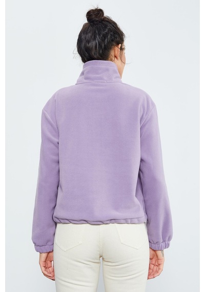 Tommy Life Eflatun Yarım Fermuar Etek Ucu Büzgülü Kadın Polar Oversize Sweatshirt - 97171 Eflatun