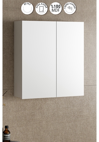 Çiğdem 65 Cm Beyaz Mdf Aynalı Asma Banyo Üst Dolabı Beyaz