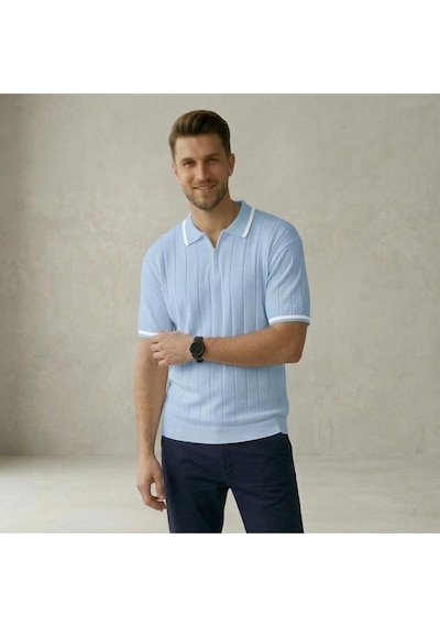Fermuarlı Polo Yaka Kısa Kollu Triko T-shirt Bebe Mavi