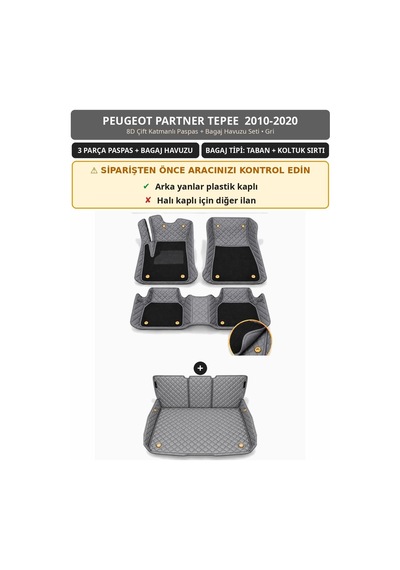 Peugeot Partner Tepee 2010-2020 Arka Yan Plastik 8d Çift Katmanlı Paspas + Bagaj Havuzu Seti Gri