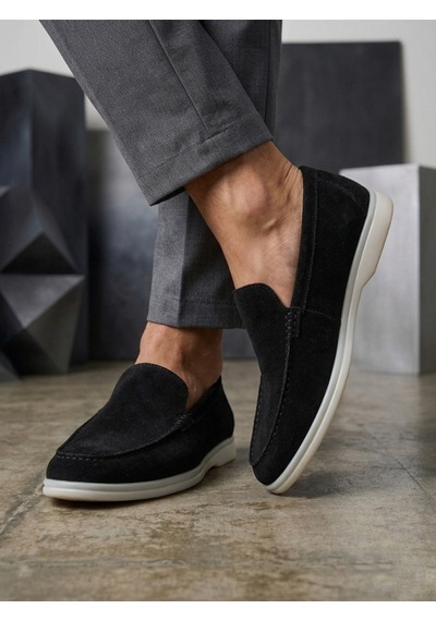DMR Elegance Ba0252 %100 İçi Dışı Hakiki Deri Erkek Siyah Süet Casual Loafer Termo Taban Ayakkabı Rekli