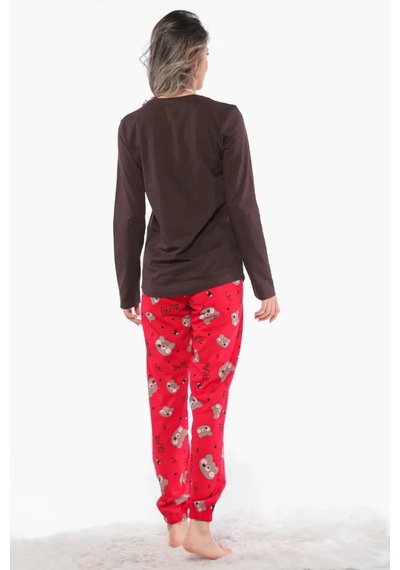 İpek Ayıcık Desenli Uzun Kollu Kadın Pijama Takımı Kırmızı - Kahverengi