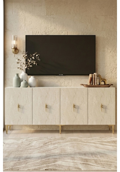 Ka1812btg Salkım Konsol Ve Tv Sehpası Beyaz-traverten-gold 180cm Beyaz - Traverten - Altın