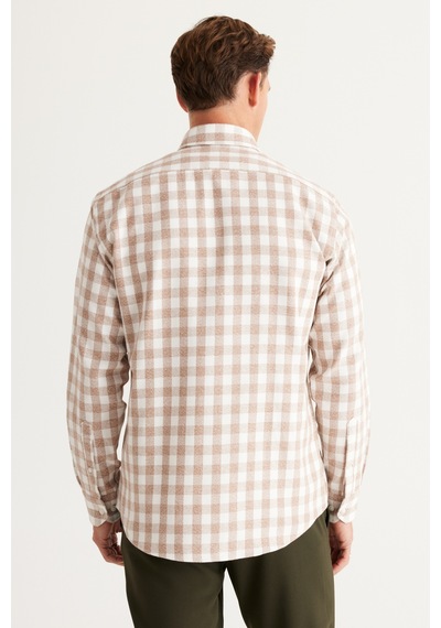 AC&Co / Altınyıldız Classics Erkek Ekru Kahve Comfort Fit Rahat Kesim Düğmeli Yaka Flanel Oduncu Gömlek Ekru - Kahverengi