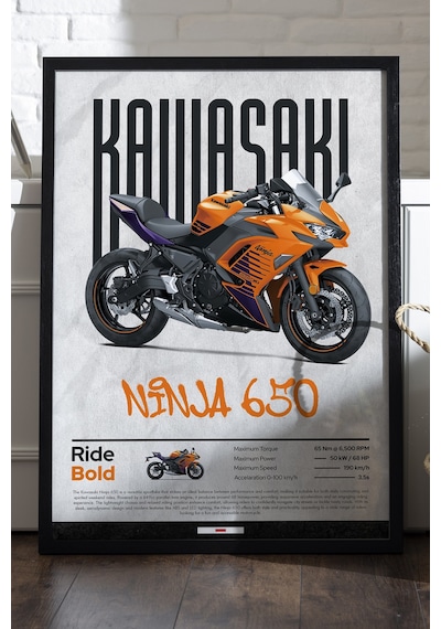 Kawasaki Ninja 650 Siyah Ahşap Çerçeveli Poster, Dekoratif Motosiklet Duvar Tablosu