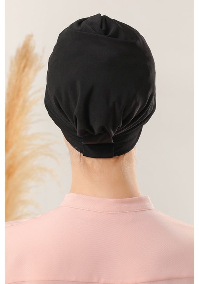 Melodi Scarf Kadın Üç Bantlı Çapraz Hazır Türban Dış Bone Siyah Taş