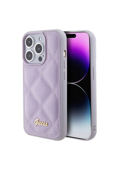 Apple Uyumlu iPhone 15 Pro Kılıf Guess Lisanslı Pu Deri Metal Yazı Logolu Kapitone Kapak