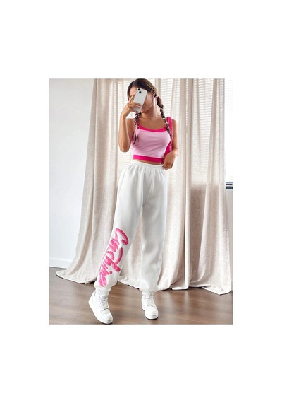 Tarzsokak Qutie Letter Graphic Elastic Waist 4 Mevsim Eşofman Beyaz
