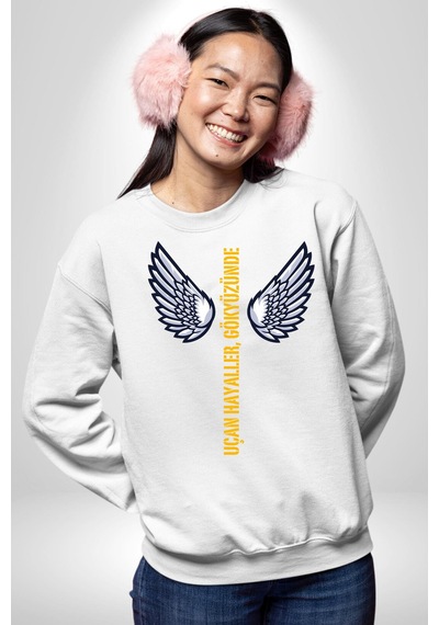 Uçan Hayaller Gökyüzünde Melek Kanatları Unisex Beyaz Sweatshirt Beyaz