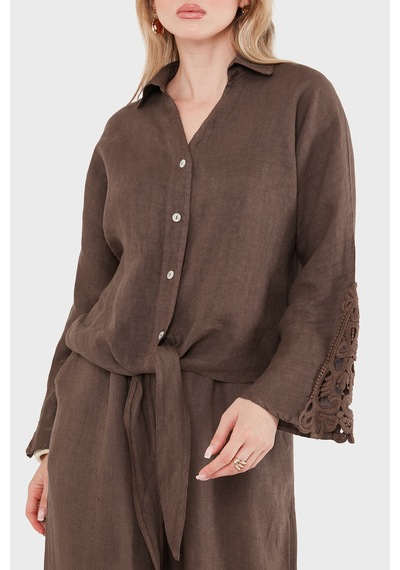 Via Dante Relaxed Fit Güpür Detaylı Uzun Kollu Keten Gömlek Bayan Gömlek 699e31842 Kahve