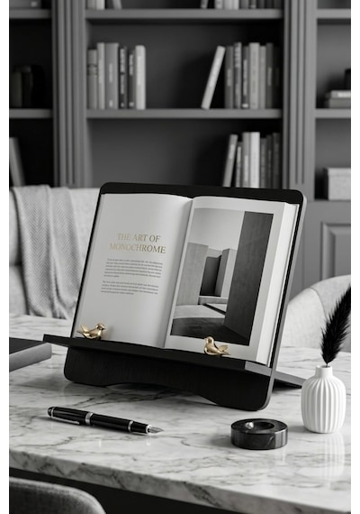 Siyah Ahşap Kitap Tablet Standı Kuş Detaylı