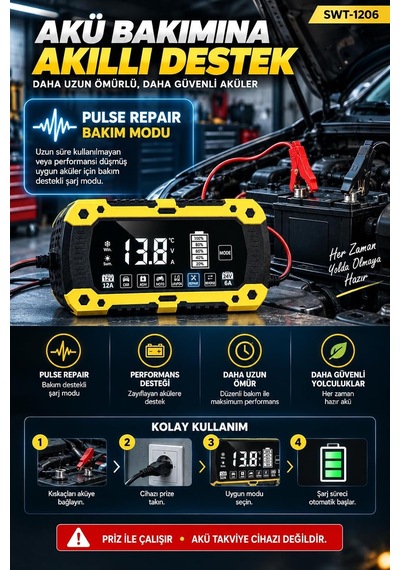 Tr Akıllı Akü Şarj Cihazı 12v 12a / 24v 6a, 4ah-200ah Lcd Ekranlı Akü Bakım Cihazı, Kış Yaz Modu, Pulse Repai