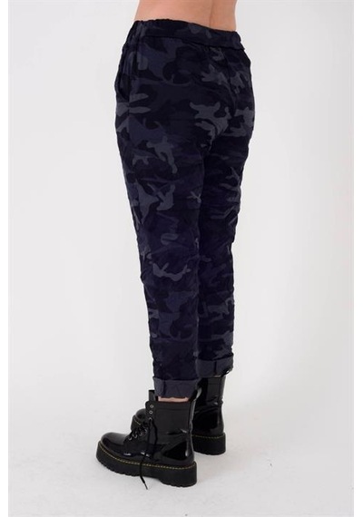 Eren Style Italyan Beli Bağlamalı Kamuflaj Desenli Dar Paça Pantolon-9078 Lacivert