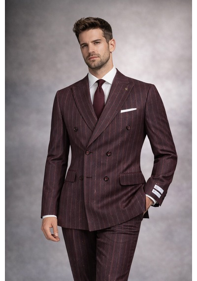 Fabıo Cassel Lacivert Kruvaze Erkek Takım Elbise Slim Fit Burgonya