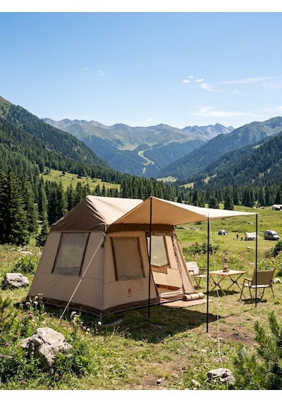 Shufa 260 220 200 Cm Otomatik Şişme Kamp Çadırı, Yağmur Brandası Ve 330 270 Cm Bağlantılı Gölgelik Dahil, 2 Büyük Şeffaf Tavan Pencereli, Aile Outdoor Kamp Çadırı Bej