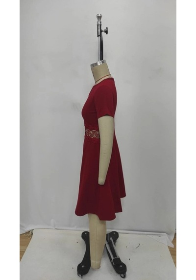 Defymoda Kadın Kısa Kollu Yuvarlak Yaka Damla Detaylı Janjan Elbise Bordo