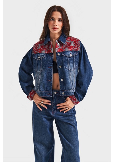 Kadın Koyu Kot Rengi 2w5-10 Özel Kırmızı Desen Nakışlı %100 Koton Tasarım Denim Ceket Koyu Kotrengi