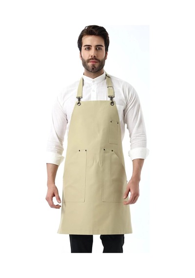 Barista Boyundan Askılı Önlük Kanguru Cepli - Bej Çok Renkli