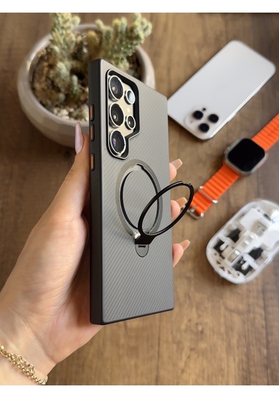 Samsung Galaxy S24 Ultra Uyumlu Karbon Desenli Standlı Ve Magsafe Uyumlu Kılıf Soocase700 Siyah