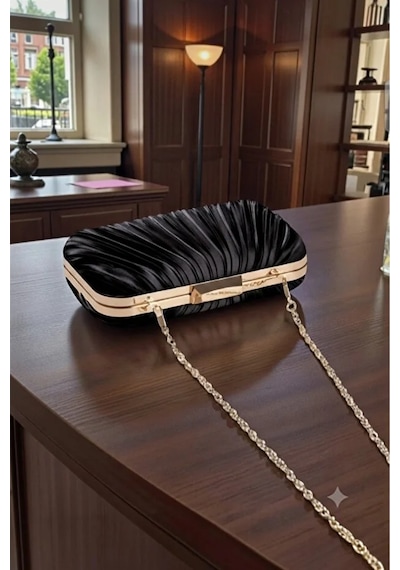 Zeyymoda Siyah Pilse Desenli Abiye Çanta Pile Desen Abiye Çanta Ve Clutch Portföy El Gece Düğün Nişan Abiye Çantası