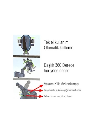 Apera Ga72 Araç Telefon Tutucu Büyük Vakumlu Tek El Kullanım Otomatik Kilitleme