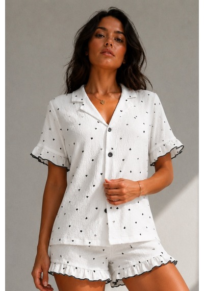Kadın Süprem Gömlek Şort Düğme Beyaz Pijama Takımı