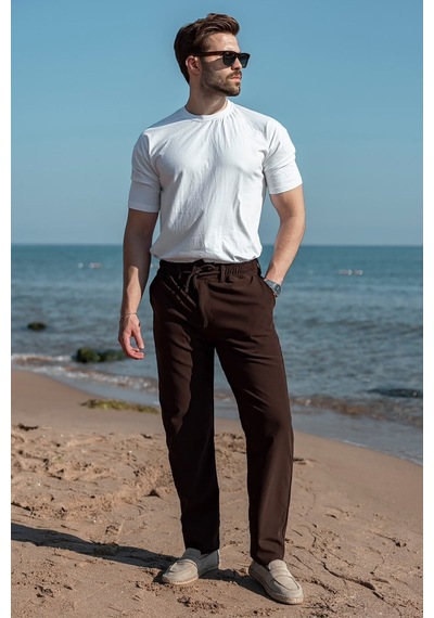 Madmext Acı Kahve Beli Lastikli Relaxed Fit Jakarlı Erkek Pantolon E6593 Acı Kahverengi