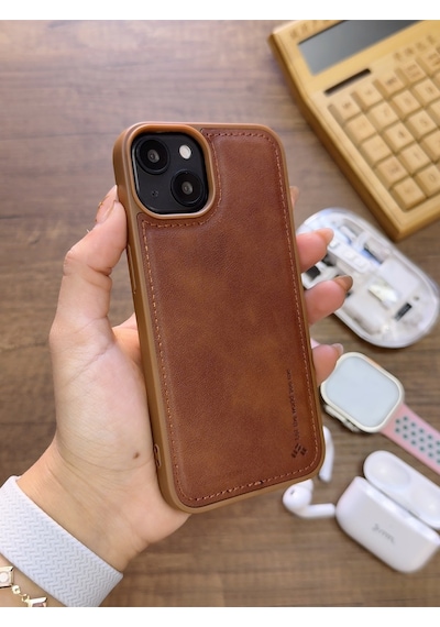 Apple iPhone 14 Uyumlu Premium Deri Dokulu Darbelere Karşı Dayanıklı Nazal Silikon Kılıf Kahverengi