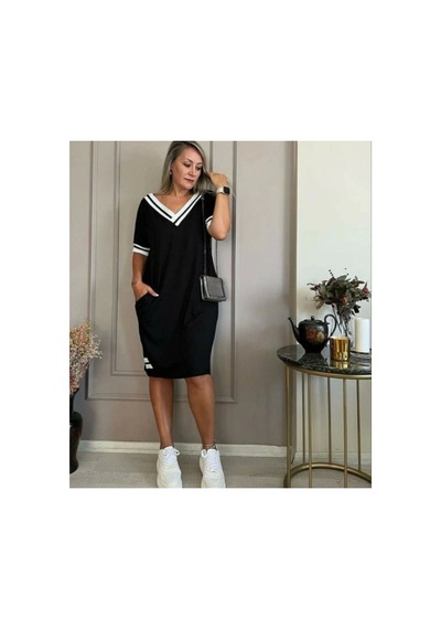 Butik İstanbul Kadın Kısa Kollu V Yaka Ribana Detaylı Cepli Dizüstü Viskon Elbise Siyah