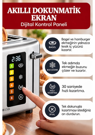 Tıgrecook 2 Dilim Kapasiteli Tost Aparatı Ve Ekmek Isıtma Raflı Dokunmatik Ekmek Kızartma Makinesi