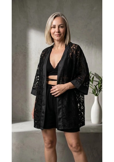 Byemelika Tül Üzerine Nakışlı Çiçek Desen Dantel Kimono Siyah