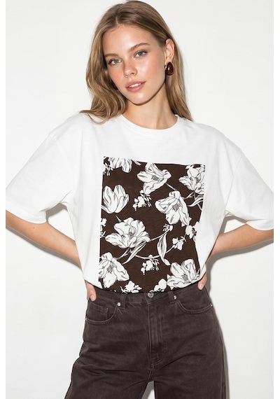 Shade Kadın Bisiklet Yaka Çiçek Baskılı Oversize %100 Pamuklu T-shirt Öt100001 60286273 - Beyaz-kahve Beyaz - Kahverengi