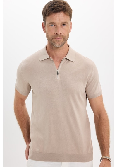 Tudors Erkek Slim Fit Dar Kesim %100 Pamuk Örme Triko Fermuarlı Füme Polo Yaka Tişört-50720