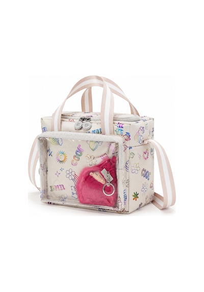 Çocuk Termal Okul Beslenme Çantası Şeffaf Cepli Peluş Aksesuarlı Omuz Askılı Lunch Bag Krem