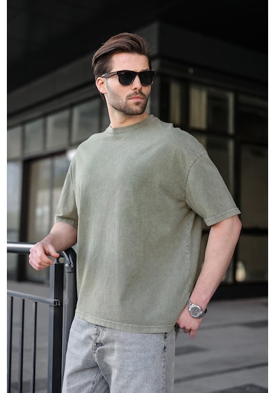 Madmext Haki %100 Pamuklu Oversize Erkek Tişört E7178 Haki