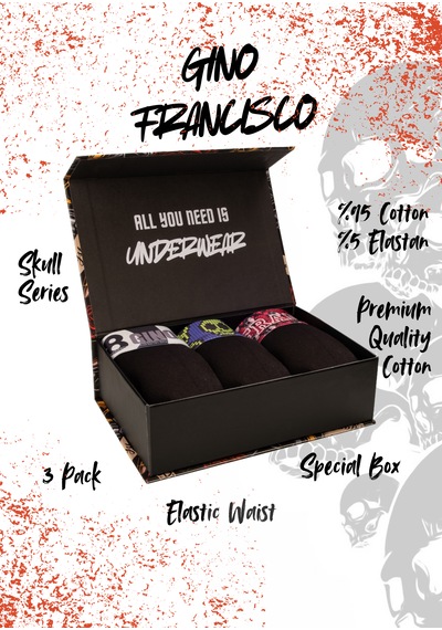 Gino Francisco Skull Serisi Erkek Boxer 3'lü Premium Hediye Kutulu %95 Pamuklu Elastik Boxer Seti Çok Renkli