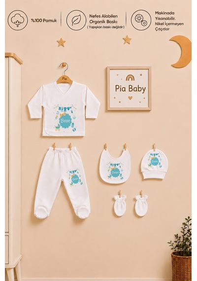 Pia Baby İsme Özel Erkek Bebek %100 Pamuk Zıbın Şapka Önlük Eldivenli Set 2030z3x Krem