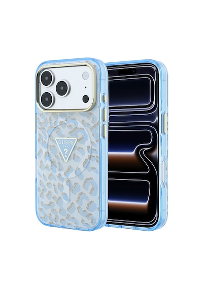Apple iPhone Uyumlu 18 Pro Max Kılıf Guess  Lisanslı M-safeli Üçgen Logolu Simli Leopar Desenli Kapak Mavi