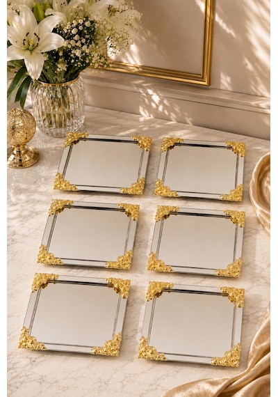 6 Lı Metal Kare Gül Model Sunum Servis Tepsisi Tepsi 22cm Altın - Beyaz