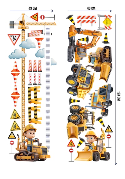 İş Makinası Temalı Boy Ölçerli Duvar Sticker Seti - Mat, Sökülebilir, Çocuk Odası Dekoru 01