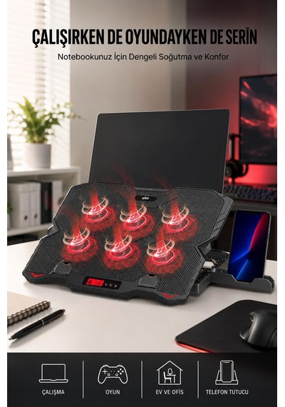 Uptech Laptop Soğutucu 6 Fanlı Lcd Kontrol Panel Ayarlanabilir Dizüstü Bilgisayar Soğutma Fanı