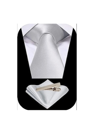Tezzgelsin Erkek Saten Kravat Mendil Ve Silver Çelik Kravat İğne Set Gümüş