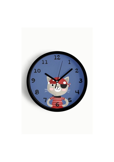 Korsan Kedi Çizimli Çocuk Odası Duvar Saati - 25cm - Önü Camlı Siyah Kasa - Sessiz Mekanizma-jh1136 Siyah