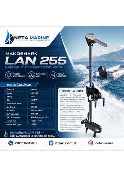 Makoshark Lan 255 Elektrikli Tekne Motoru Trolling Motor - 86 Lbs, 24v, 5 İleri / 3 Geri Vites