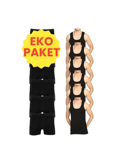 Tezzgelsin Erkek Eko Set 6 Adet Atlet 6 Adet Boxer Siyah Siyah