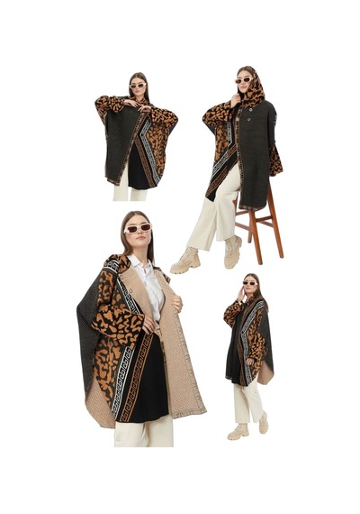 Kadın Büyük Bedene Uygun Kapüşonlu Kışlık Kalın Leopar Desenli Panço Leopar Kahve Kahverengi